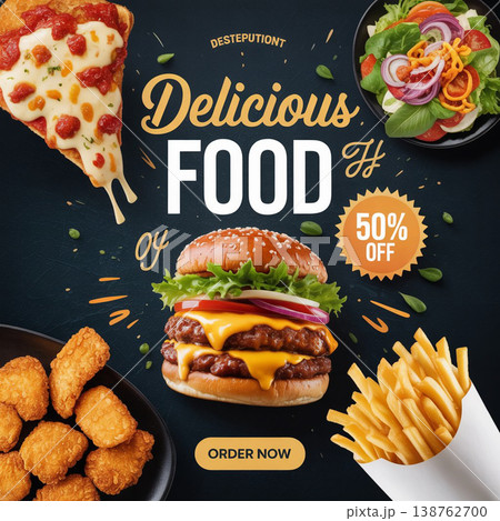 Delicious Food Social Media Poster with Burger Fries Pizza and Salad for Fast Food Restaurant Branding and Creative Promotion Backdrop 138762700