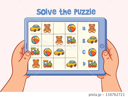Sudoku puzzle. Educational puzzle game for children displayed on a tablet Sudoku puzzle. Educational puzzle game for children displayed on a tablet 138762721