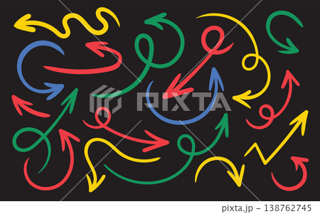 Colorful hand drawn arrows collection on dark background Colorful hand drawn arrows collection on dark background 138762745