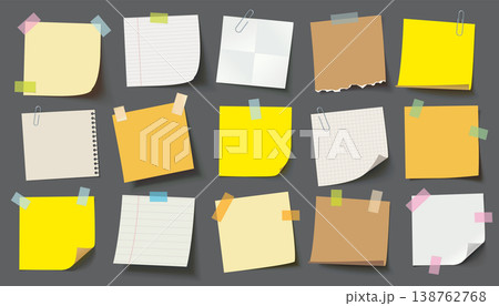 Collection of realistic sticky notes and paper sheets with tape, clips, and curled corners Collection of realistic sticky notes and paper sheets with tape, clips, and curled corners 138762768