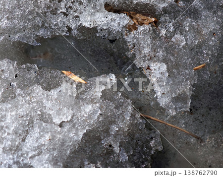 Close-up view of melting snow and ice with visible water and debris, showcasing the transition from winter to spring in a natural outdoor setting Close-up view of melting snow and ice with visible water and debris, showcasing the transition from winter to spring in a natural outdoor setting 138762790