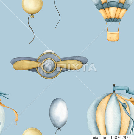 Seamless pattern with hot air balloons, Toy airplane and balloons. Childish wallpaper air balloons and airplane. Watercolor illustration of floating balloons and plane for kids goods, wallpaper Seamless pattern with hot air balloons, Toy airplane and balloons. Childish wallpaper air balloons and airplane. Watercolor illustration of floating balloons and plane for kids goods, wallpaper 138762979