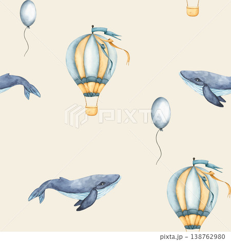 Seamless pattern with hot air balloons, balloons and whale. Childish wallpaper air balloons and Blue whale. Watercolor illustration of floating balloons for kids goods, kids wallpaper, wrapping paper 138762980
