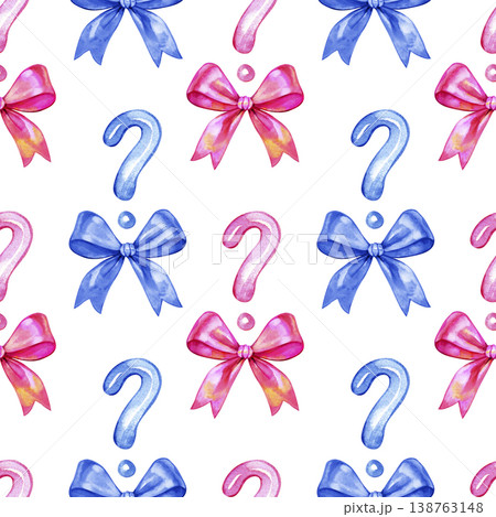 Hand drawn watercolor seamless pattern with blue and pink question marks and satin bows. Festive botanical texture for gender reveal parties, baby shower decor, textile, and mystery celebrations. 138763148