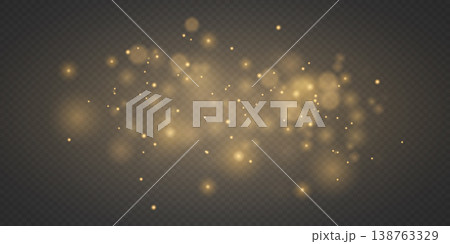 Golden glowing bokeh particles creating shimmering light effect on dark transparent background Golden glowing bokeh particles creating shimmering light effect on dark transparent background 138763329