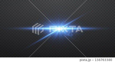 Blue light effect creating starburst, lens flare, horizontal and diagonal rays Blue light effect creating starburst, lens flare, horizontal and diagonal rays 138763380