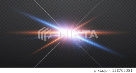 Bright lens flare with glowing blue and orange light beams on transparent background 138763381