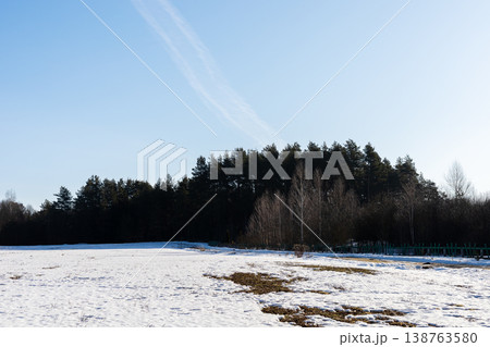 Expansive icy landscape extending toward remote woodland boundary beneath bright blue sky 138763580