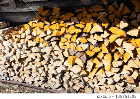 Woodpile ready warmth. Seasoned firewood organized against wall with warm earthy tones 138763588
