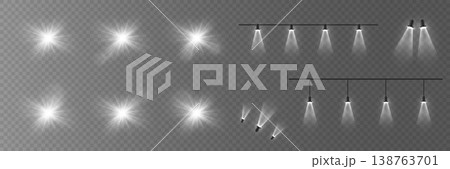Bright optical lens flare effects with realistic projector spotlights set 138763701