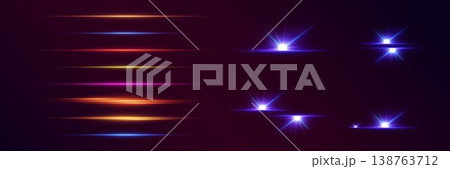 Colorful horizontal light lines with glowing starburst effects on dark background 138763712