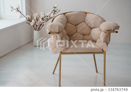 Modern beige plush armchair with gold frame in minimalist white interior with spring flowers Modern beige plush armchair with gold frame in minimalist white interior with spring flowers 138763749