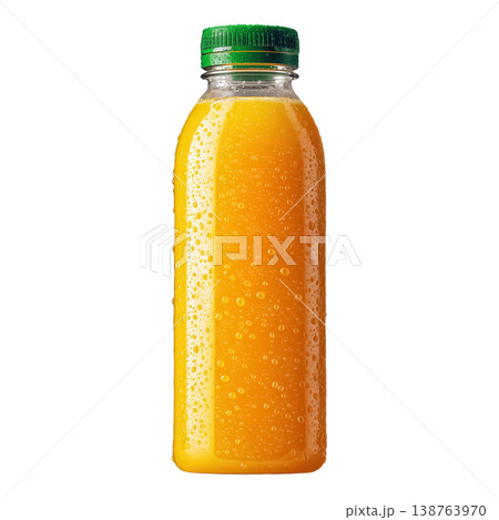 Cold orange juice in plastic bottle with green cap isolated on transparent background 138763970
