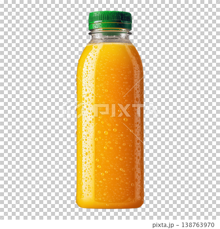 Cold orange juice in plastic bottle with green cap isolated on transparent background 138763970