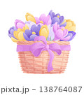 A bouquet of crocuses in a wicker basket decorated with a ribbon with a bow on a white background. The concept of International Women's Day, Mother's Day, and birthday. Isolated vector illustration 138764087