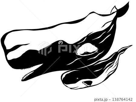 和風切り絵風のマッコウクジラ親子 横向きに深く潜る海の家族 透過素材 和風切り絵風のマッコウクジラ親子 横向きに深く潜る海の家族 透過素材 138764142