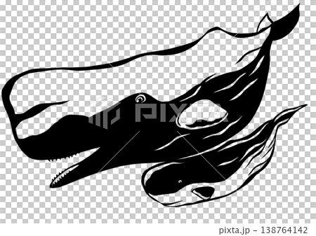 和風切り絵風のマッコウクジラ親子 横向きに深く潜る海の家族 透過素材 和風切り絵風のマッコウクジラ親子 横向きに深く潜る海の家族 透過素材 138764142