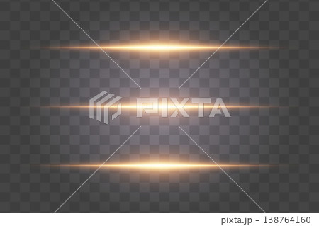 Golden glowing horizontal light beams creating transparent lens flare effect 138764160