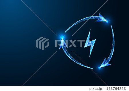 Circular energy flow concept with lightning bolt and rotating arrows symbol on dark blue background 138764228