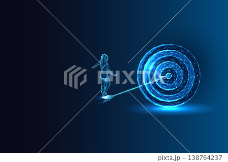 Woman balancing toward digital target, concept of focus, goal achievement and precision strategy 138764237