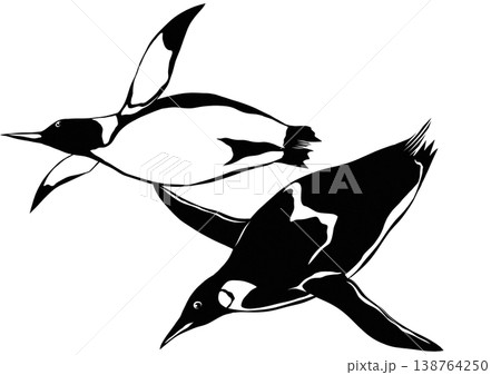 仲良く泳ぐペンギンの切り絵風イラスト 和モダンな黒のシルエット 138764250
