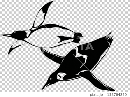 仲良く泳ぐペンギンの切り絵風イラスト 和モダンな黒のシルエット 138764250