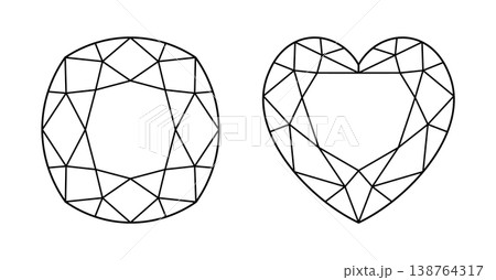 Cushion, Heart diamond cut shape icons. Brilliant Cushion, Heart shaped modified cut pattern. Precious gemstone outline sample for jewellery design, branding, packaging, logo, web, app. Design diagram 138764317