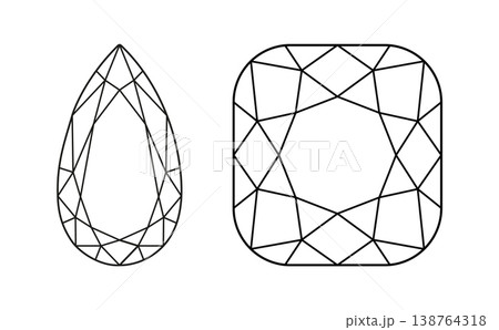 Pear, Cushion angular diamond cut shapes set. Diamond top view. Pear, Cushion angular brilliant cut minimalist icons. Gemstone outline pattern for jewellery design, branding, packaging, logos. 138764318