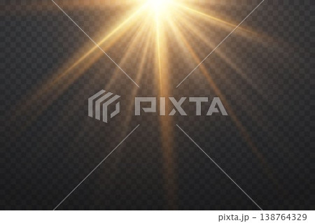 Golden light creating bright sunrays effect, lens flare on transparent background Golden light creating bright sunrays effect, lens flare on transparent background 138764329