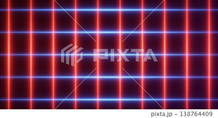 Glowing neon grid forming a digital network with bright blue and red light stripes 138764409