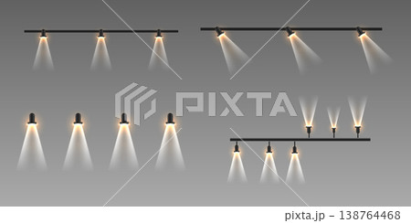 Track lighting spotlights showing various light beams and illumination effects 138764468