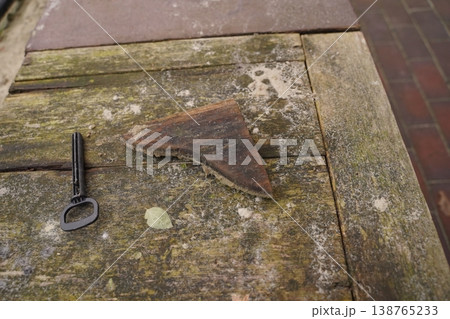 Rusty metal shard and a key lying on a weathered wooden tabletop near brick paving 138765233