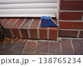 Blue wedge doorstop on brick doorstep by white sliding door, with fallen leaves on paved walkway 138765234