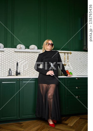Pensive female figure with fashionable attire in cozy space 138765436