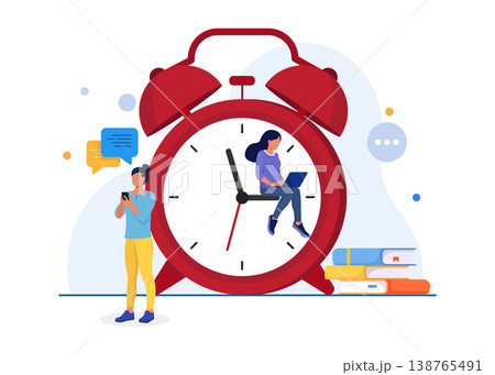 Young women managing tasks and schedules on giant clock stock illustration. 138765491