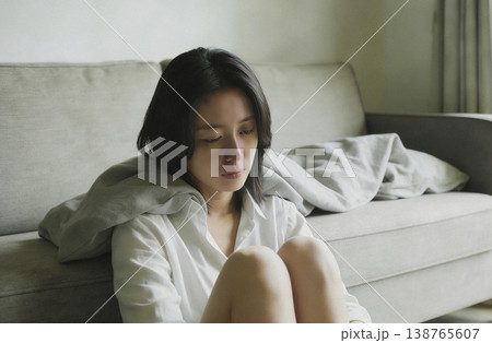ソファーの横で膝を抱えて、寂しそうにうつむいている女性 138765607