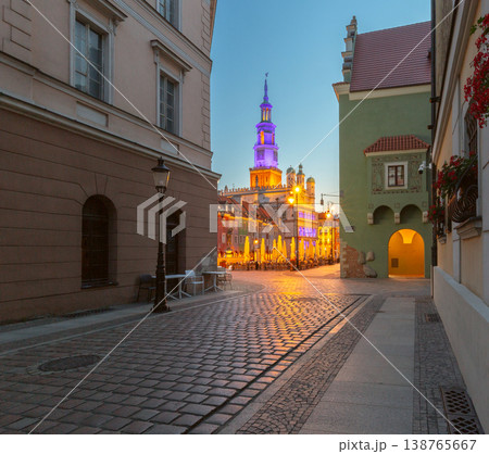 Poznan Town Hall at dawn from side street in Poznan, Poland Poznan Town Hall at dawn from side street in Poznan, Poland 138765667