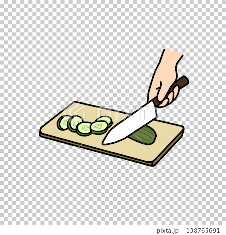 Slicing cucumbers, hands, knife, cutting, cooking process, vegetables, preparation, illustration Slicing cucumbers, hands, knife, cutting, cooking process, vegetables, preparation, illustration 138765691