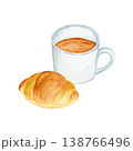 水彩 手描き コーヒーとバターロールの朝食イラスト シンプルでおしゃれなカフェ素材 138766496
