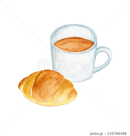 水彩 手描き コーヒーとバターロールの朝食イラスト シンプルでおしゃれなカフェ素材 水彩 手描き コーヒーとバターロールの朝食イラスト シンプルでおしゃれなカフェ素材 138766496