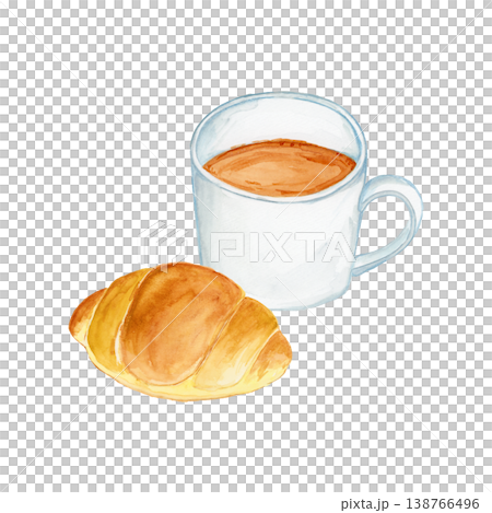 水彩 手描き コーヒーとバターロールの朝食イラスト シンプルでおしゃれなカフェ素材 水彩 手描き コーヒーとバターロールの朝食イラスト シンプルでおしゃれなカフェ素材 138766496
