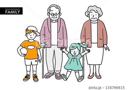 カラフルでかわいい、シンプルな老夫婦と2人の孫のイラスト 138766615