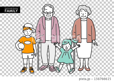 カラフルでかわいい、シンプルな老夫婦と2人の孫のイラスト 138766615