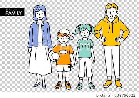 カラフルでかわいい、シンプルな4人家族のイラストセット カラフルでかわいい、シンプルな4人家族のイラストセット 138766622