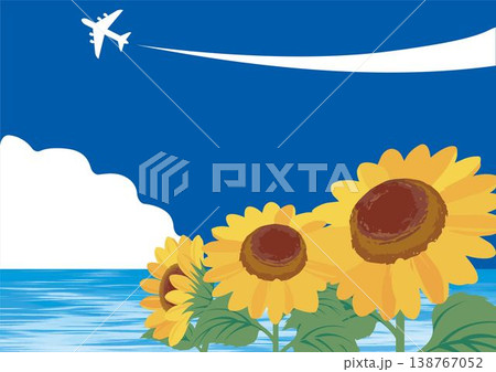 ひまわりと夏の海と飛行機雲のフレーム、バナー、背景イラスト素材 トラベル レジャー 夏休み 旅行 ひまわりと夏の海と飛行機雲のフレーム、バナー、背景イラスト素材 トラベル レジャー 夏休み 旅行 138767052