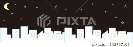 都会の夜景とビルのシルエットのバナー、フレーム、イラスト背景素材　三日月と星　コピースペース　壁紙 138767101