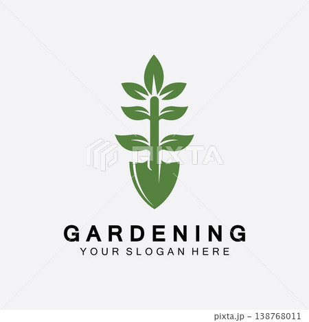 Gardening logo with shovel icon and tree with green leaves logo template. Gardening logo with shovel icon and tree with green leaves logo template. 138768011