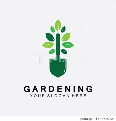 Gardening logo with shovel icon and tree with green leaves logo template. Gardening logo with shovel icon and tree with green leaves logo template. 138768018