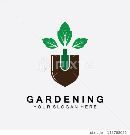 Gardening logo with shovel icon and tree with green leaves logo template. Gardening logo with shovel icon and tree with green leaves logo template. 138768021