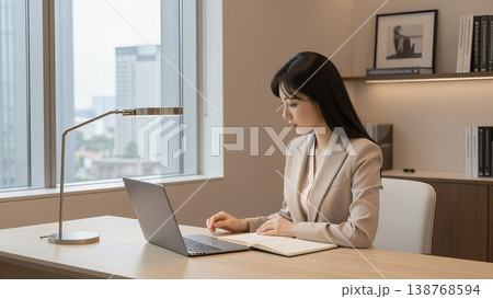 オフィスでパソコン作業をするスーツの若い女性 138768594